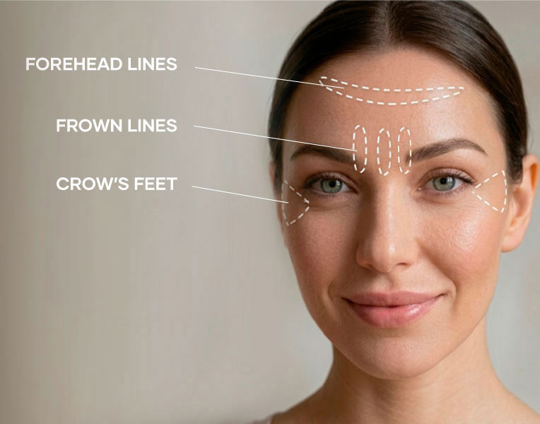 Woman face with forehead - frown line - crow's feet areas